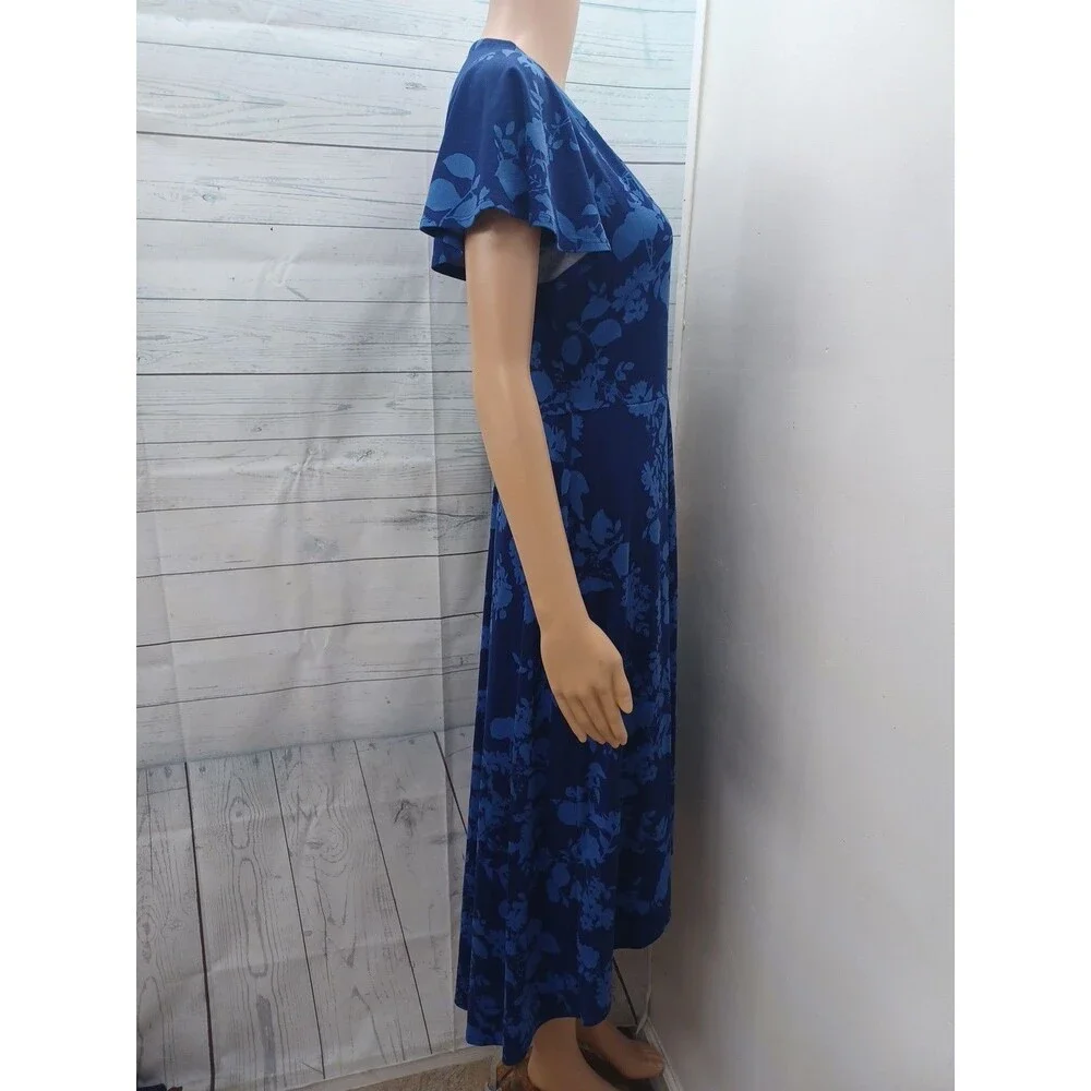 Fortune + Ivy High Low Blue Floral Dress Half Wrap Style Sz L Stretch